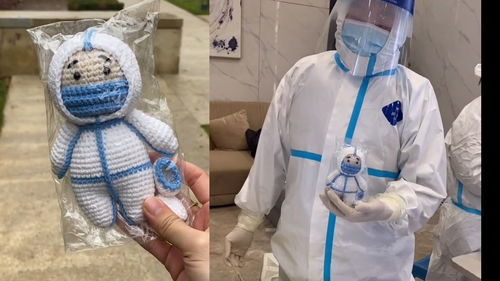 大连姑娘制作针织版 抗疫大白 娃娃送医护人员